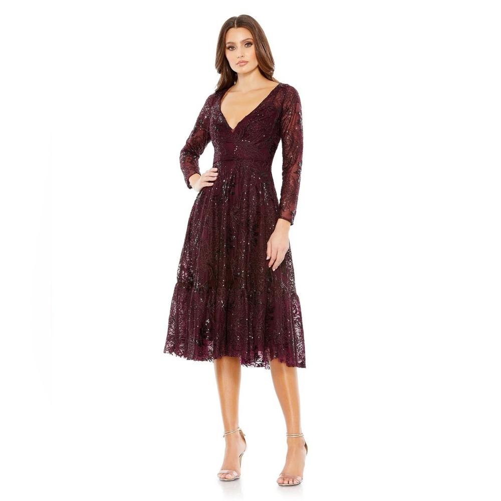 Mac Duggal Burgundy Sequin Lace Midi Dress 2 Elegant Evening Formal Glam NWT